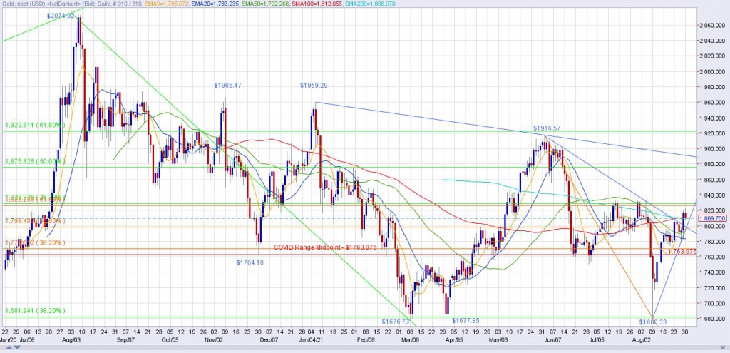 Spot Gold Daily Chart through 8/30/21